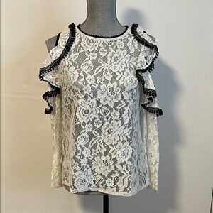 ADIVA Winter White Black Trim Cold Shoulder Lace Long Sleeve Blouse, Size M